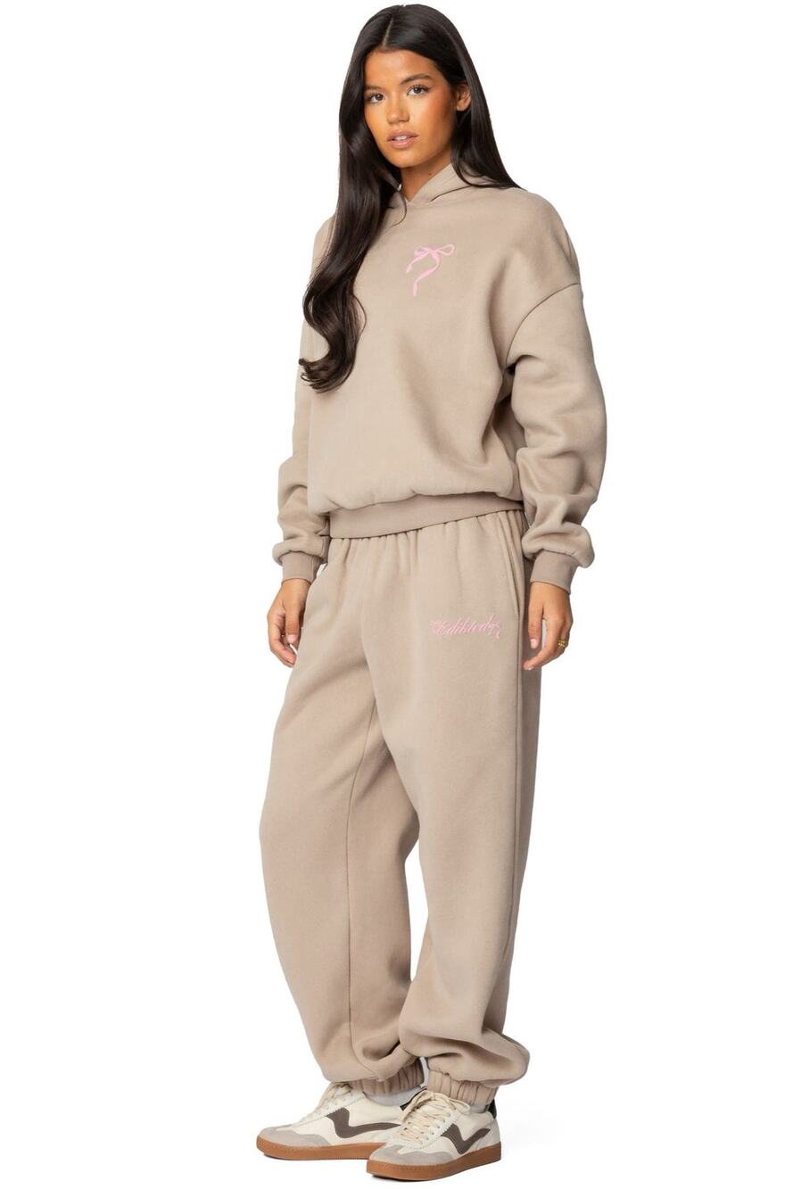 Edikted Sasha Bow Detail Hoodie & Sweatpants Set Beige Pink S